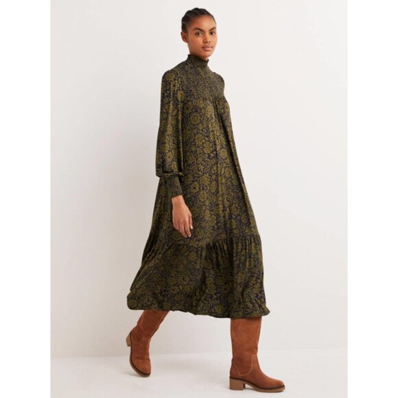 Boden Womens Maxi Dress UK 10 US 6 Green Floral High Neck Long Sleeve D0379 NWT - Picture 1 of 14